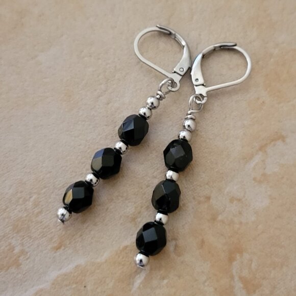 Black 6mm Czech Crystal Earrings Firepolished Stainless Steel Leverback Earwires - Picture 5 of 5